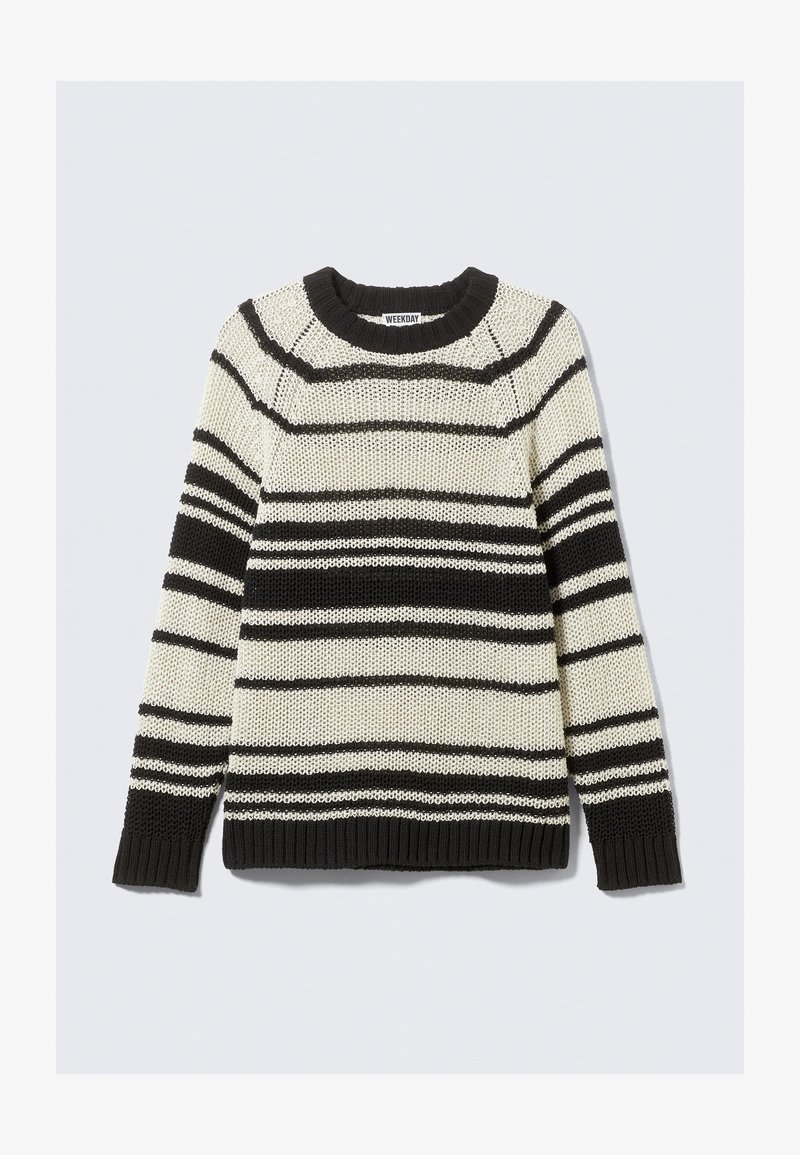 Maglione a righe nere e crema con collo rotondo, caratterizzato da una trama testurizzata e polsini e orlo a coste. Vestibilità casual, design unisex.