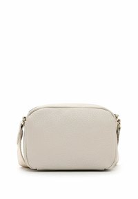 Læder crossbody taske i lys beige, rektangulær form med en struktureret overflade. Har justerbar rem og lynlåslukning.