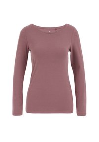 Ilgi piedurkņu tops mauve krāsā, izgatavots no mīksta, elastīga auduma. Tam ir plats kakla izgriezums un pieguļoša forma, bez redzamām rakstu vai akcentu.