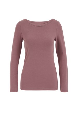 Dugim rukavom, u boji mauve, izrađen od mekanog, rastezljivog materijala. Ima širok izrez i uski kroj, bez vidljivih uzoraka ili detalja.