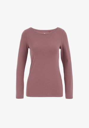 Top cu mânecă lungă în culoarea mauve, realizat dintr-un material moale și elastic. Are un decolteu larg și o croială ajustată, fără modele sau accente vizibile.