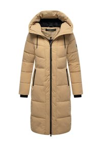 Beige puffer coat with a hood, featuring a front zipper, black accents, long sleeves, and side pockets. Textured quilted pattern throughout.