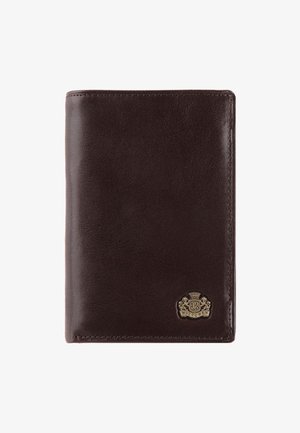 Brown leather wallet with a smooth texture, featuring a gold logo accent on the bottom right corner. Compact rectangular design.