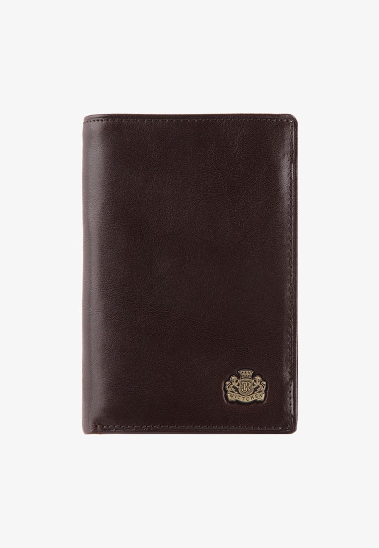 Portafoglio in pelle marrone con una texture liscia, dotato di un accento con logo oro nell'angolo in basso a destra. Design rettangolare compatto.