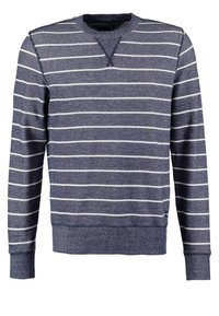 Marineblauwe longsleeve sweatshirt met dunne witte horizontale strepen, ronde hals, en geribbelde manchetten en zoom.