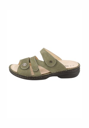Olive green open-toe sandal with three adjustable straps, cushioned beige insole, and low black sole.