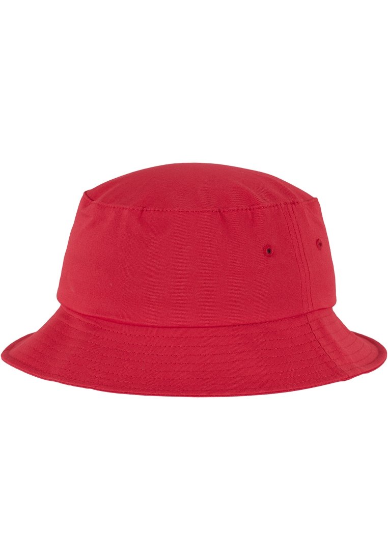 Roter Bucket Hat aus Baumwolle mit weicher Textur, runder Krone und breiter, flexibler Krempe. Verfügt über zwei Belüftungsösen auf jeder Seite.