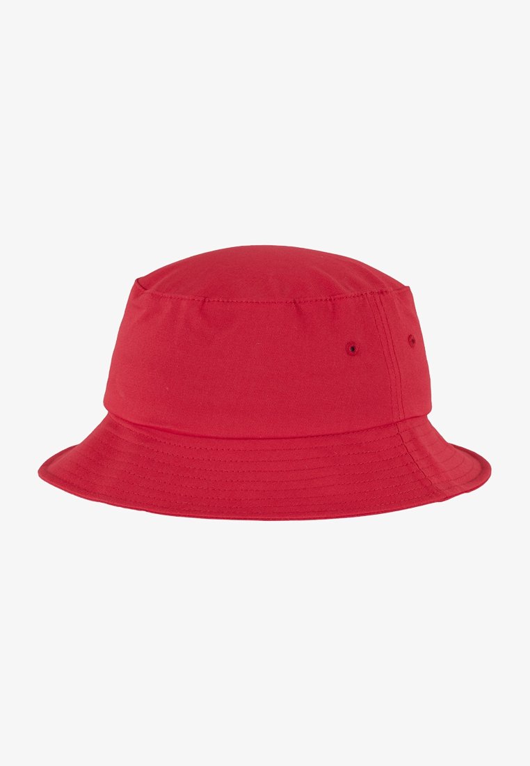 Red bucket hat made of cotton with a soft texture, round crown, and wide, flexible brim. Features two ventilation grommets on each side.