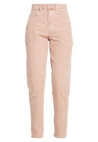 Jean en velours côtelé rose taille haute avec une coupe droite, doté d'une fermeture à bouton et fermeture éclair, et de poches avant. Tissu à texture.