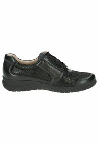 Black leather sneaker featuring a textured upper, rounded toe, lace-up design, and padded collar on a low-profile rubber sole.