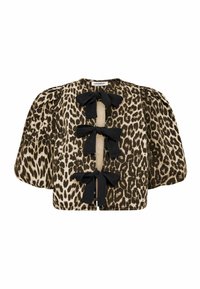 Giacca corta in stampa leopardo con maniche a sbuffo, caratterizzata da tre dettagli a fiocco neri e chiusura con bottone sul davanti.