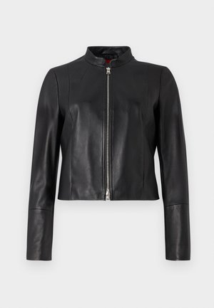 Black leather jacket with a high collar, front zipper closure, and long sleeves. Smooth texture and cropped design. No visible patterns.