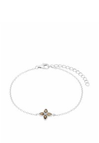Bracciale in argento con un motivo floreale, adornato con quattro gemme marroni e un gancio a molla con catena di regolazione.