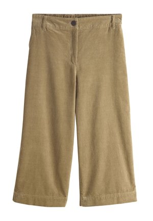 Pantaloni beige a gamba larga taglio corto in tessuto di velluto a coste con chiusura a bottone e passanti per cintura, tasche frontali e orlo dritto.