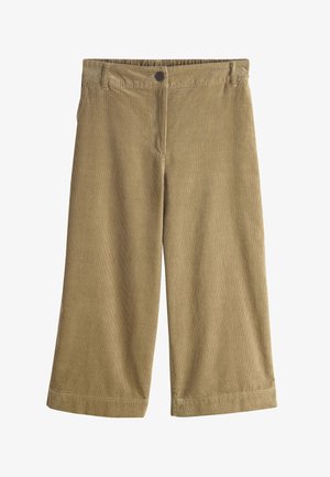 Beige weite Culotte aus Cordstoff mit Knopfverschluss und Gürtelschlaufen, vorderen Taschen und geradem Saum.