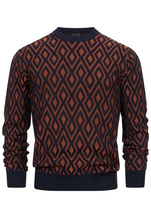 Dunkelblauer Pullover mit einem orangefarbenen Rautenmuster, gerippten Bündchen und Saum, ausgestattet mit einem Rundhalsausschnitt und strukturiertem Stoff.