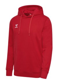 Felpa con cappuccio rossa realizzata in un misto cotone, dotata di tasca a marsupio frontale, cordini per la regolazione e un piccolo logo bianco sul petto.
