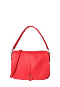 Borsa a spalla in pelle rossa con finitura texture, tracolla regolabile e chiusura magnetica. Presenta un piccolo dettaglio dorato sul davanti.