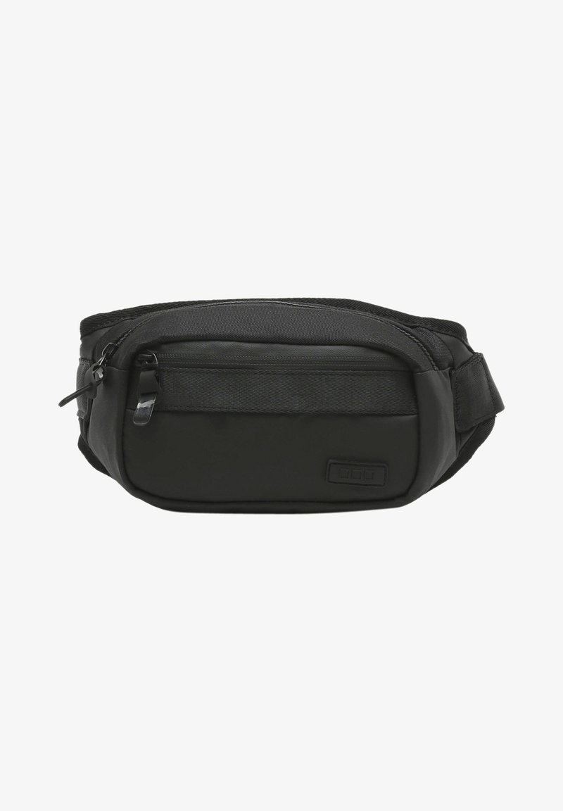 Crni najlon fanny pack s glavnim zip-utupom, prednjim džepom, podesivim remenom i suptilnim teksturiranim akcentima.