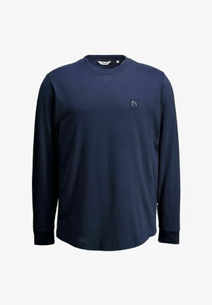 Temno modra majica z dolgimi rokavi iz bombaža, z okroglo ovratnico in majhnim logotipom na prsih, gladka tekstura.