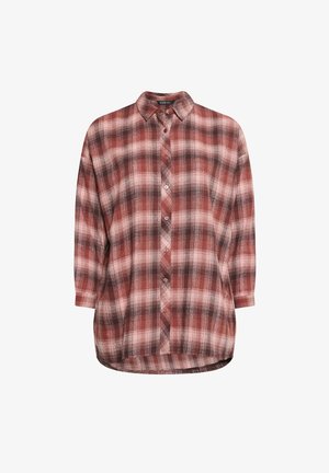 Rood en zwart geblokte overhemd, lange mouwen, knoopsluiting aan de voorkant, ronde zoom, zachte textuur, met een ontspannen pasvorm en kraag.