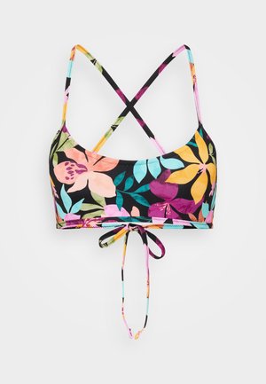 Floral bikini top with cross-back straps, featuring a black background and vibrant pink, yellow, and turquoise leaf patterns. Ties at the front.