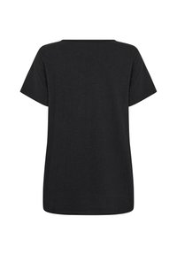 T-shirt noir à manches courtes avec une coupe décontractée, un col rond et une texture douce. Design uni sans motifs ni accents supplémentaires.