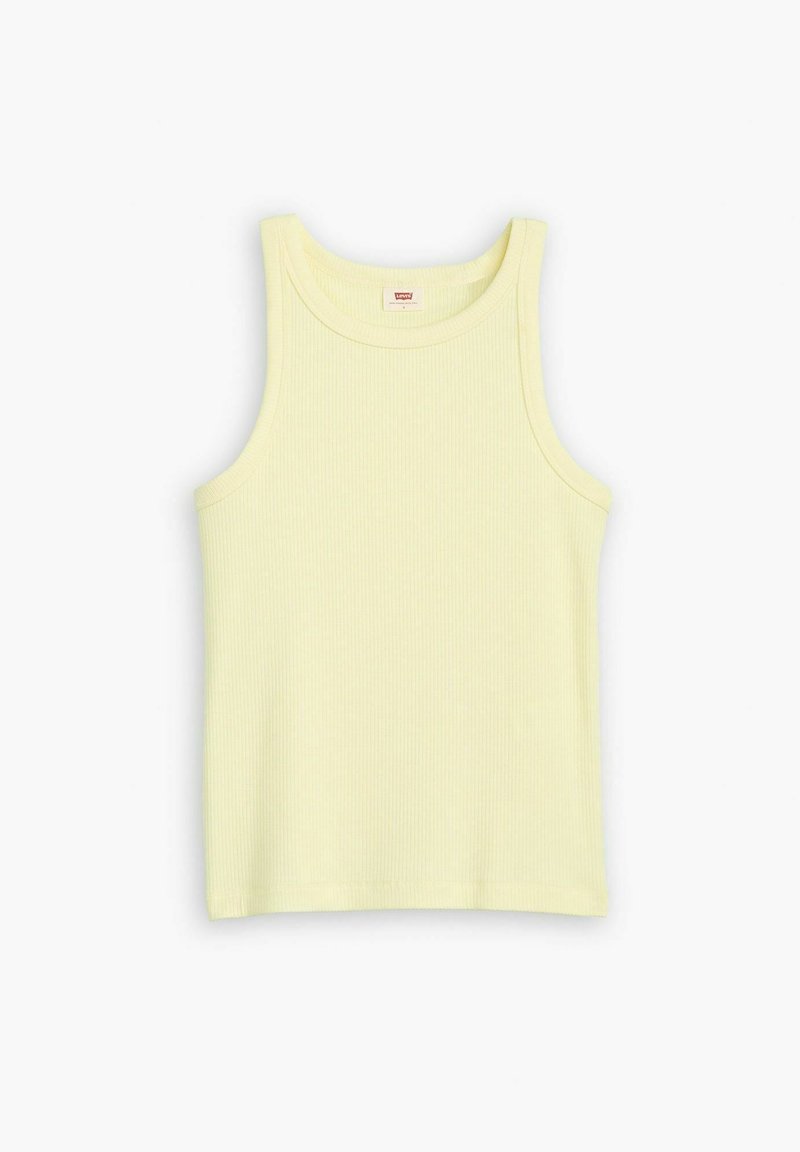 Gelbes geripptes Tanktop mit rundem Halsausschnitt und breiten Trägern. Der Stoff hat eine strukturierte Optik und eine enganliegende Form.