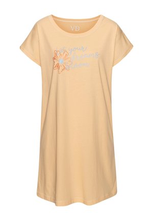 Hellorangefarbenes kurzärmeliges Kleid mit rundem Ausschnitt und floralem Frontmotiv mit dem Schriftzug "Lass deine Träume erblühen" in Kursivschrift.