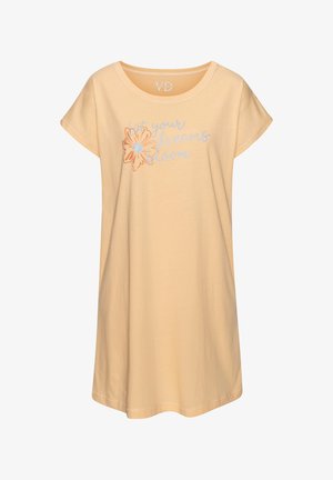 Hellorangefarbenes kurzärmeliges Kleid mit rundem Ausschnitt und floralem Frontmotiv mit dem Schriftzug "Lass deine Träume erblühen" in Kursivschrift.