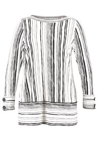 Wit langarmig shirt met verticale zwarte strepen, een boothals en knoopaccenten op de mouwen. Soepele, lichtgewicht stof.