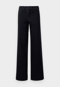 Jean noir taille haute à jambes larges avec bouton à l’avant et poches, présenté sur un fond clair uni.