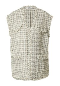 Tweed vest met een licht crèmekleurig en grijs ruitpatroon, rafelige randen, korte mouwtjes en twee voorzakken. Open voorontwerp.