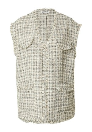 Tweed vest met een licht crèmekleurig en grijs ruitpatroon, rafelige randen, korte mouwtjes en twee voorzakken. Open voorontwerp.