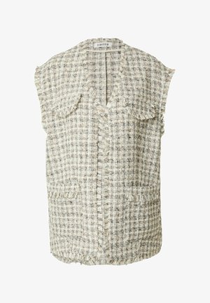 Tweed-Weste mit einem hellcremefarbenen und grauen Karomuster, ausgefransten Kanten, kurzen Ärmeln und zwei Fronttaschen. Offenes Vorderdesign.