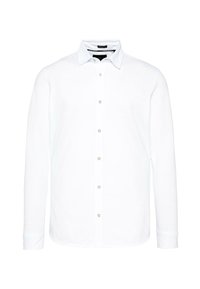 Camicia bianca a maniche lunghe in tessuto morbido, con chiusura a bottoni, colletto classico e accessori in argento. Design semplice e minimalista.
