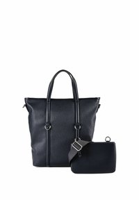 Sac fourre-tout en cuir noir texturé avec double poignée et petit sac bandoulière détachable à sangle ajustable, présenté sur fond blanc.