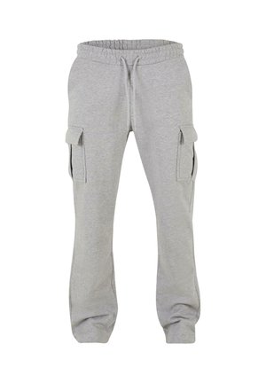 Hallid hallid spordipüksid, mis on valmistatud pehmest puuvillase segu materjalist, millel on nööriga vöökoht ja külgedel cargo taskud.