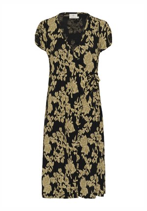 Schwarzes florales Wickelkleid mit kurzen Ärmeln, ausgestattet mit einem goldenen Blumenmuster und einer seitlichen Bindung. Hergestellt aus leichtem Stoff.