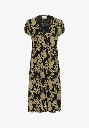 Schwarzes florales Wickelkleid mit kurzen Ärmeln, ausgestattet mit einem goldenen Blumenmuster und einer seitlichen Bindung. Hergestellt aus leichtem Stoff.