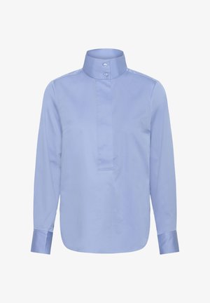 Világoskék hosszú ujjú ing magas gallérral, elülső gomblyukkal és gombdíszítéssel. Simább pamut anyag enyhe fényes felülettel.