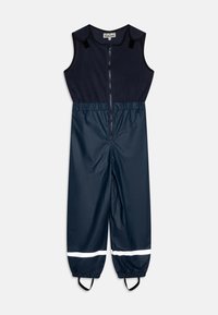 Mac impermeável em uma peça na cor azul-marinho, com fecho de correr à frente, design sem mangas, cintura elástica e faixas refletivas nos tornozelos. Material superior suave.