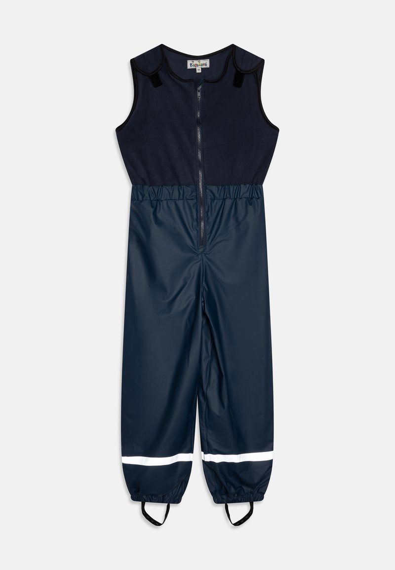 Mac impermeável em uma peça na cor azul-marinho, com fecho de correr à frente, design sem mangas, cintura elástica e faixas refletivas nos tornozelos. Material superior suave.