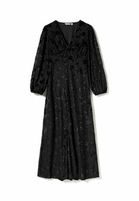 Czarna maxi sukienka z dekoltem w kształcie litery V, z bufiastymi rękawami i kwiatowym wzorem. Wykonana z fakturowanej tkaniny o delikatnym połysku.