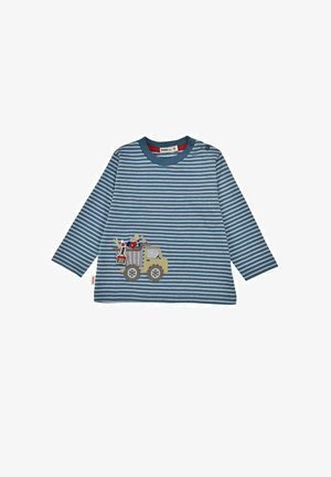 Camicetta a maniche lunghe a righe in blu e bianco. Presenta un camion ricamato con elementi nel cassone, scollo rotondo e bottoni sulle spalle.