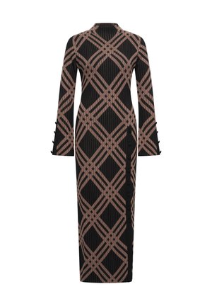 Knit dress featuring a black and brown geometric pattern, high neckline, long sleeves, and button accents along the side.