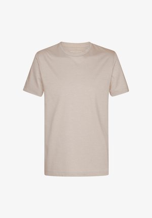 T-shirt beige a maniche corte realizzato in tessuto morbido. Girocollo e taglio dritto senza motivi o decorazioni.