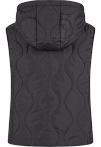 Schwarze gesteppte Weste mit Kapuze, die über gewellte Nahtzüge verfügt und eine glatte, glänzende Textur aufweist. Keine sichtbaren Verschlüsse oder Taschen.