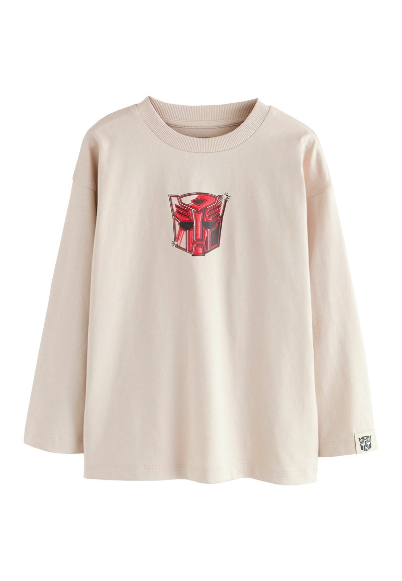 T-shirt a maniche lunghe color beige chiaro realizzata in cotone morbido. Presenta una grafica di un robot rosso sul petto e un piccolo cartellino con il logo sulla manica.
