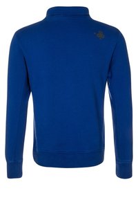 Modrá mikina s vysokým límcem, dlouhými rukávy a žebrovanými manžetami. Na zadní straně je decentní logo. Hladká textura.